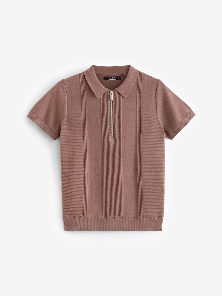 Burgundsko rdeča - 100% bombaž kratek rokav; s kratkimi rokavi Zip Texture Polo majica (3-16let) - Slika 1 iz 3