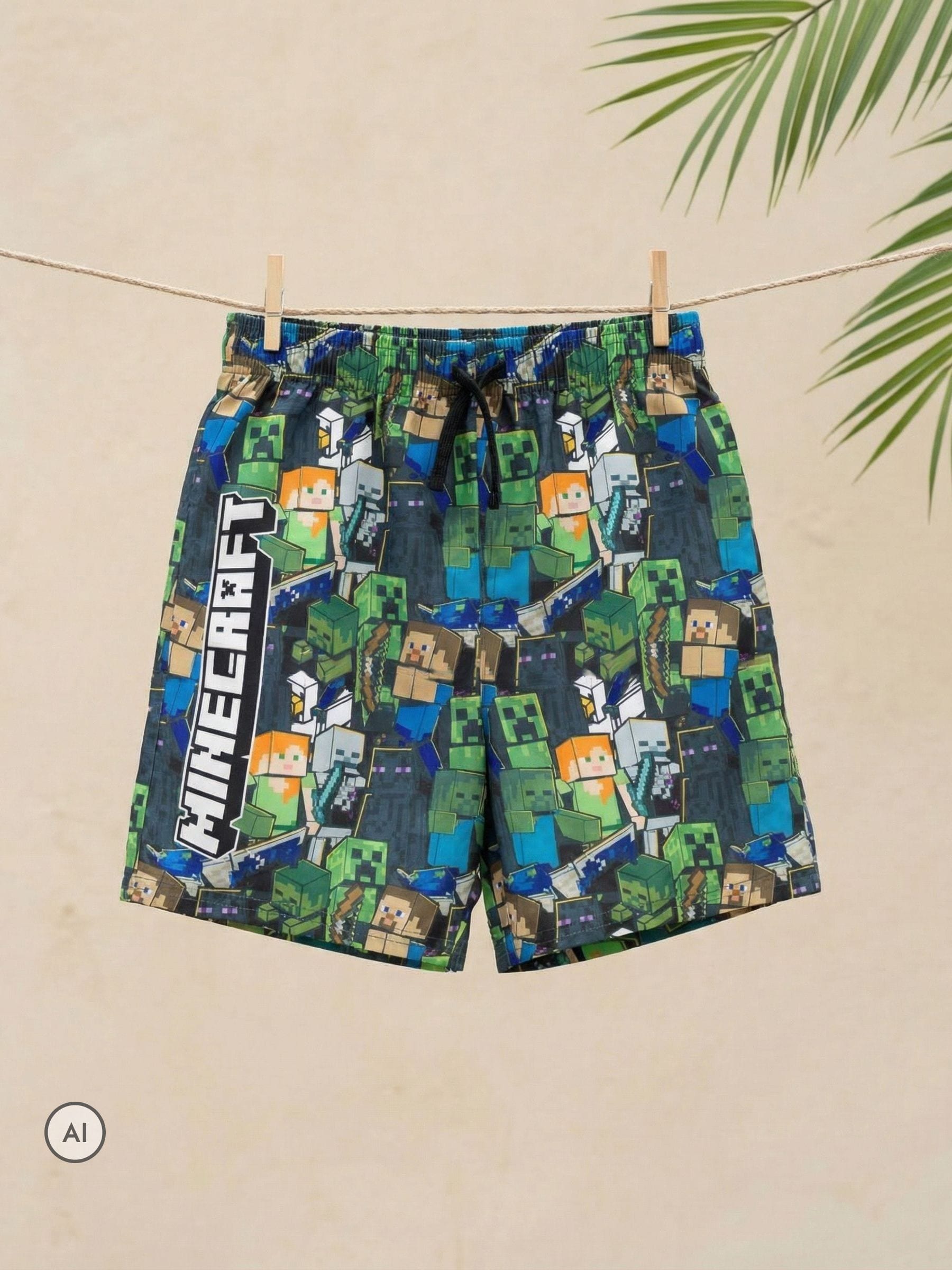 Minecraft Boys Green Steve Creeper Multi Swim Shorts | Character Print Beachwear With Drawstring Waist & Elasticated Waistband Merch - Image 3