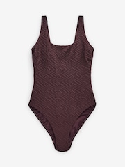 Chocolate Brown Textured Scoop Neck Tummy Control Swimsuit - Image 6 of 6