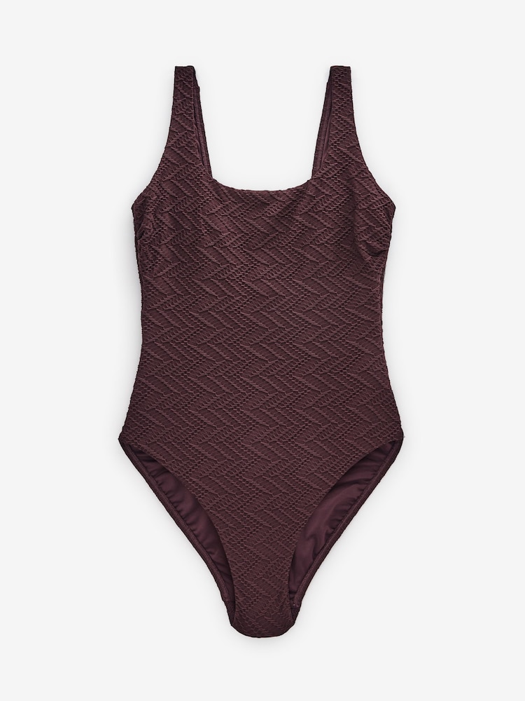 Chocolate Brown Textured Scoop Neck Tummy Control Swimsuit - Image 6 of 6