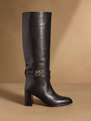 Russell & Bromley Black Leather Moore Knee High Block Heel Boots - Image 1 of 7