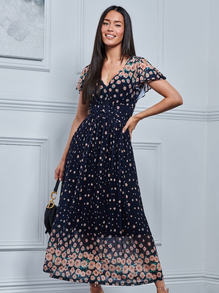 Jolie Moi Blue Mably Mirror Print Maxi Mesh Dress - Image 1 of 5