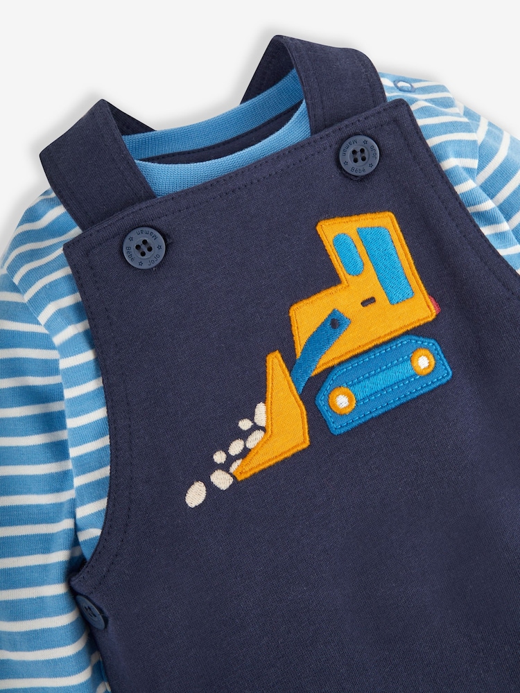 JoJo Maman Bébé Digger Latzhose & gestreiftes Top Set für Jungen mit Applikationen - Bild 5 von 5