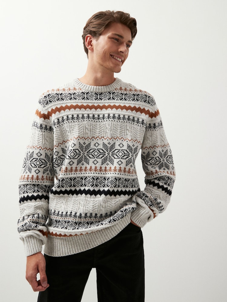 Ecru Snowflake Crew Neck Regular Knitted Christmas Jumper - Image 1 of 7