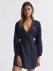 Reiss Navy Lelani Ramie Plunge Neck Kaftan - Image 1 of 4