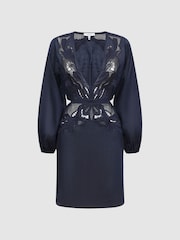 Reiss Navy Lelani Ramie Plunge Neck Kaftan - Image 2 of 4