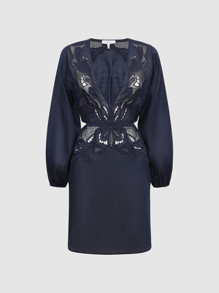 Reiss Navy Lelani Ramie Plunge Neck Kaftan - Image 2 of 4