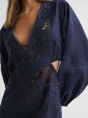 Reiss Navy Lelani Ramie Plunge Neck Kaftan - Image 3 of 4
