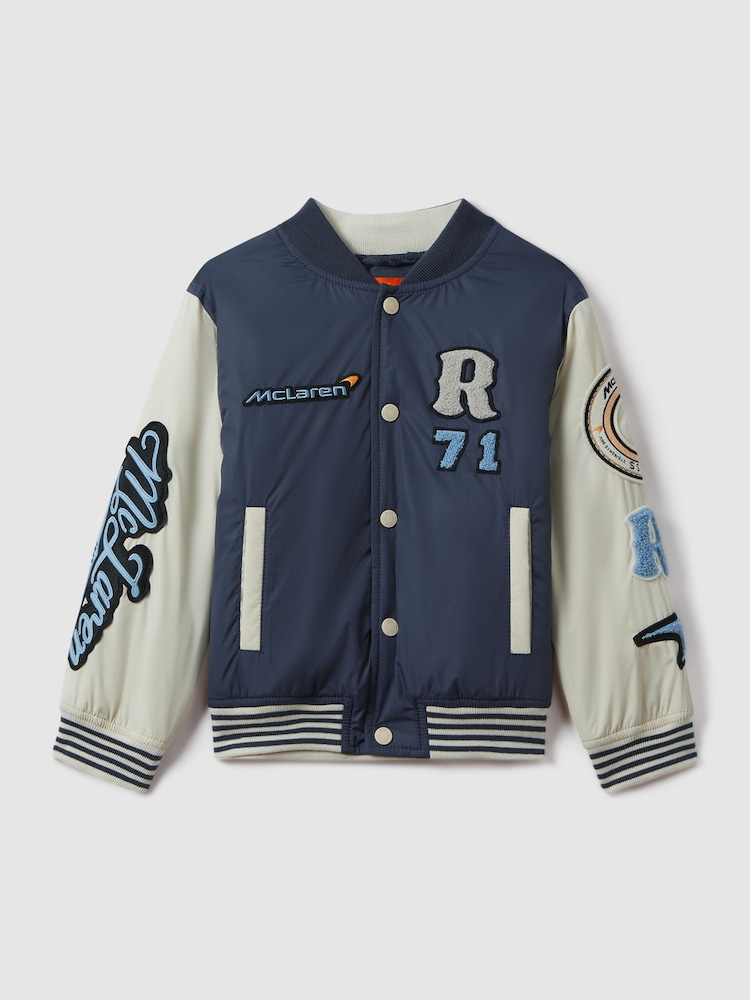 Reiss x McLaren F1 Team Airforce Blue/Ecru Junior McLaren F1 Patch Varsity Bomber Jacket - Image 2 of 12