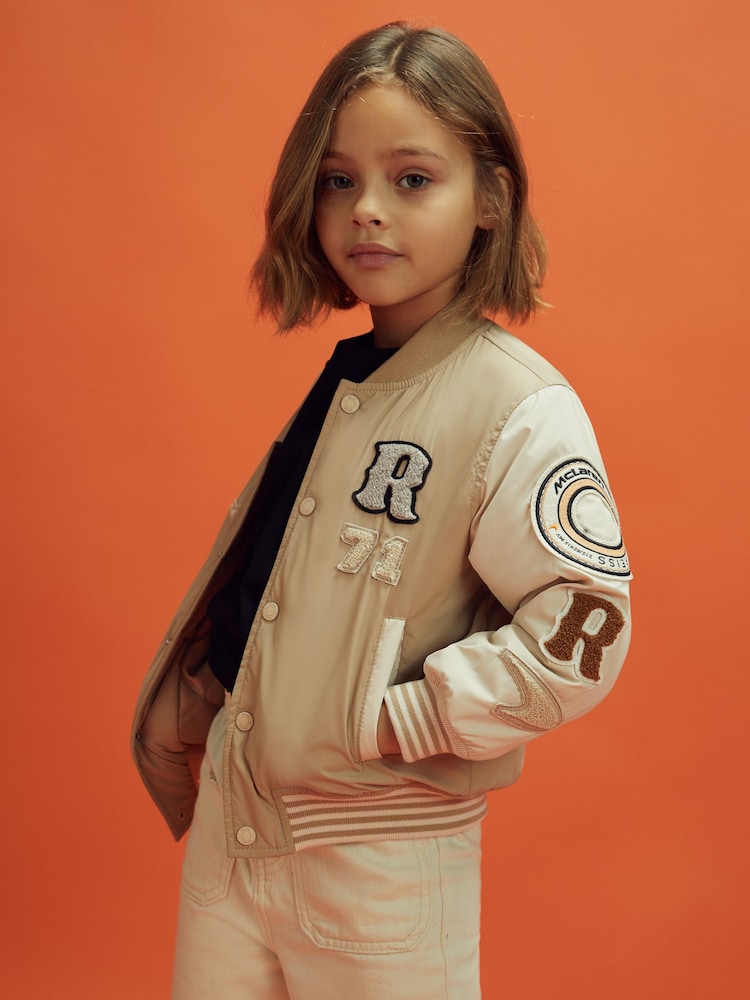 Reiss x McLaren F1 Team Taupe/Ecru 3-9 yrs McLaren F1 Patch Varsity Bomber Jacket - Image 1 of 12