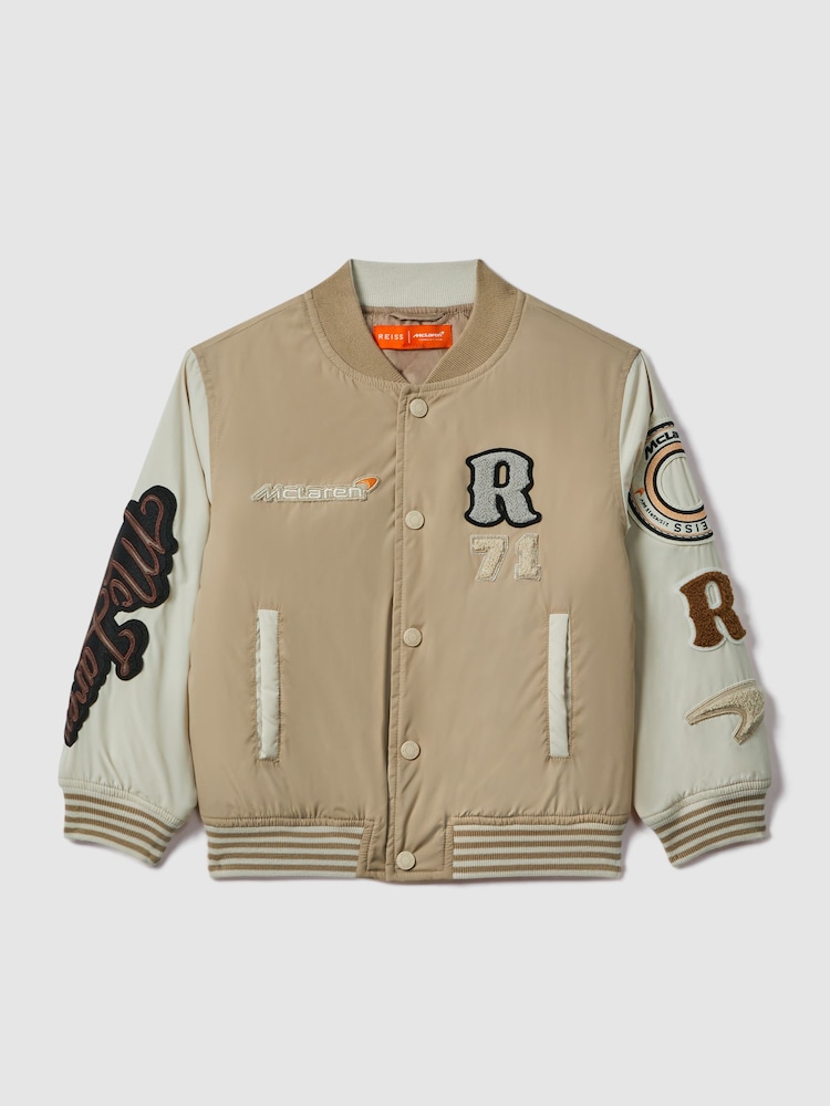 Reiss x McLaren F1 Team Taupe/Ecru 3-9 yrs McLaren F1 Patch Varsity Bomber Jacket - Image 2 of 12