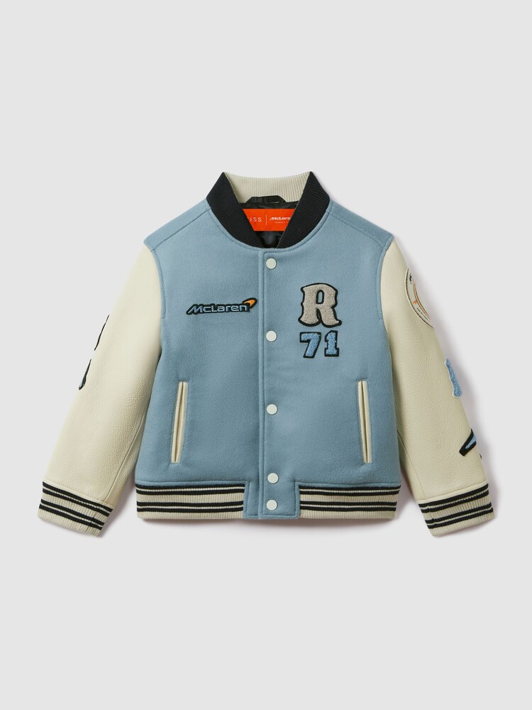 Reiss x McLaren F1 Team Airforce Blue/Ecru 3-9 yrs McLaren F1 Leather Varsity Jacket - Image 2 of 9 Reiss x McLaren F1 Team Airforce Blue/Ecru 3-9 yrs McLaren F1 Leather Varsity Jacket - Image 2 of 9