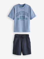 Blue Varsity Washed Short Sleeve 100% Cotton T-Shirt and Shorts Set (3-16yrs) - Image 1 of 3