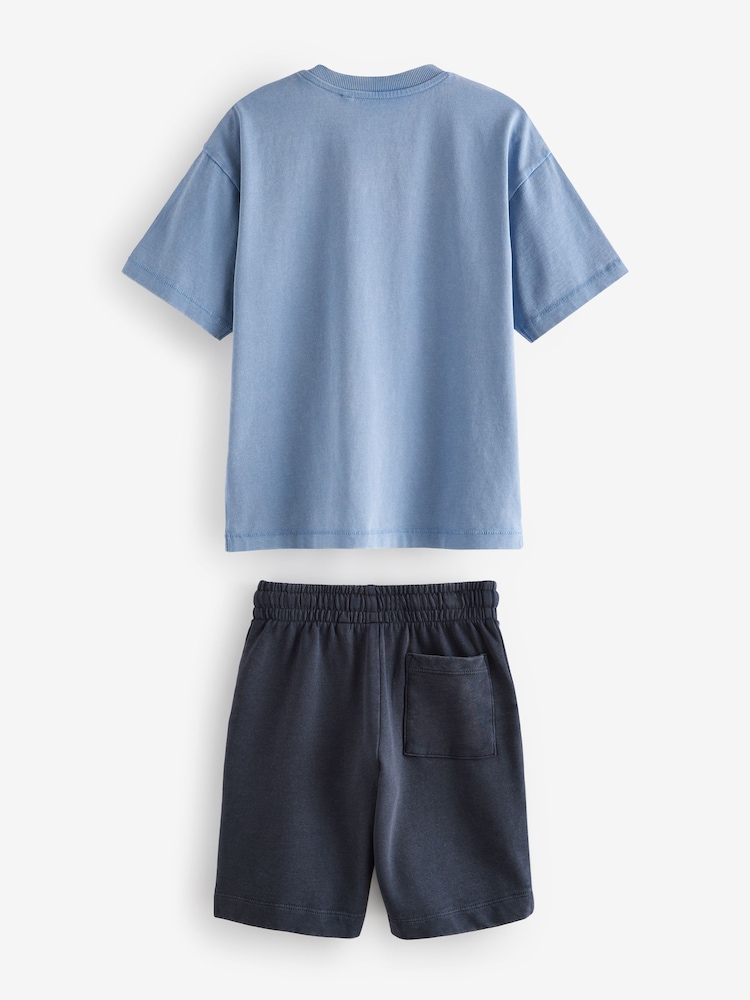 Blue Varsity Washed Short Sleeve 100% Cotton T-Shirt and Shorts Set (3-16yrs) - Image 2 of 3