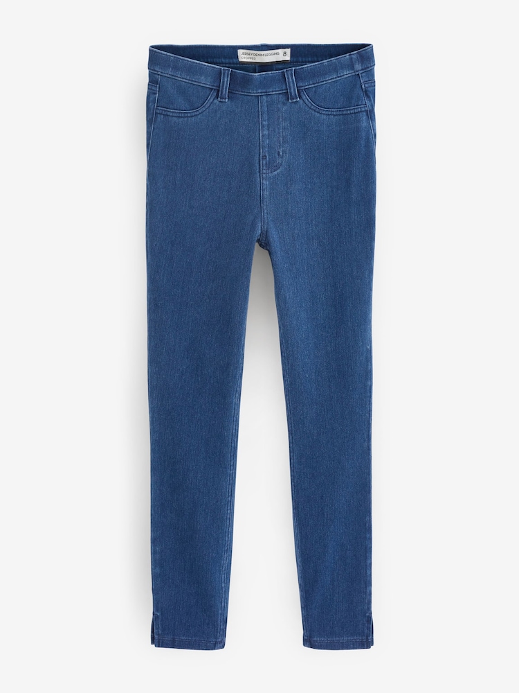 Dunkelblaue Waschung - Cropped Leggings aus Denim-Jersey - Bild 1 von 1 Dunkelblaue Waschung - Cropped Leggings aus Denim-Jersey - Bild 1 von 1