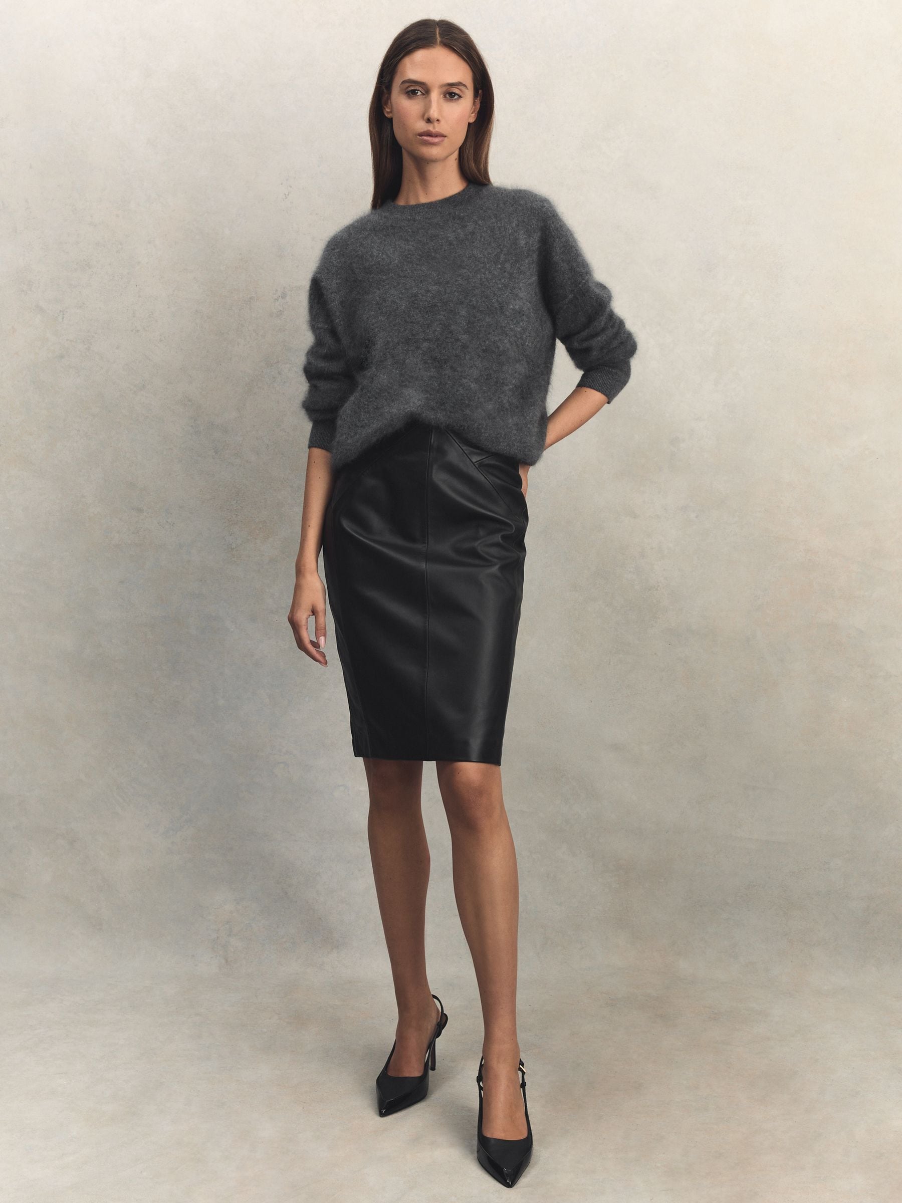 Reiss Black Leather High Rise Midi Skirt