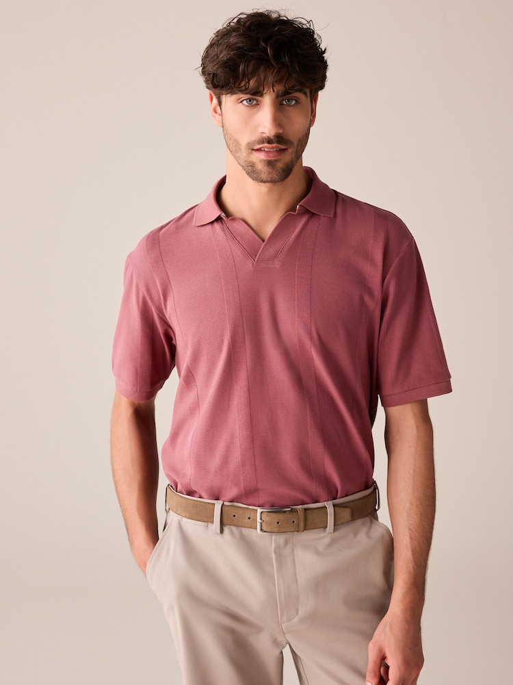 Red Cuban Collar Textured Short Sleeve Polo Shirt - Image 1 of 7
