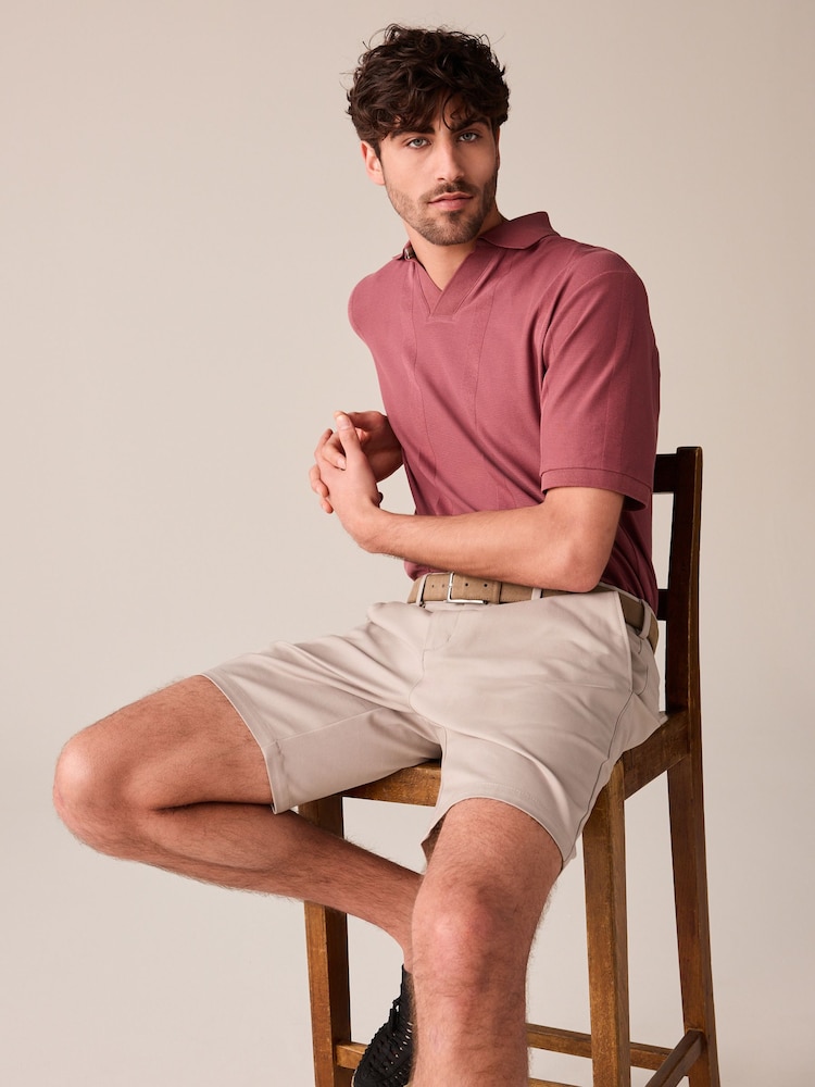 Red Cuban Collar Textured Short Sleeve Polo Shirt - Image 2 of 7