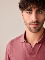 Red Cuban Collar Textured Short Sleeve Polo Shirt - Image 4 of 7