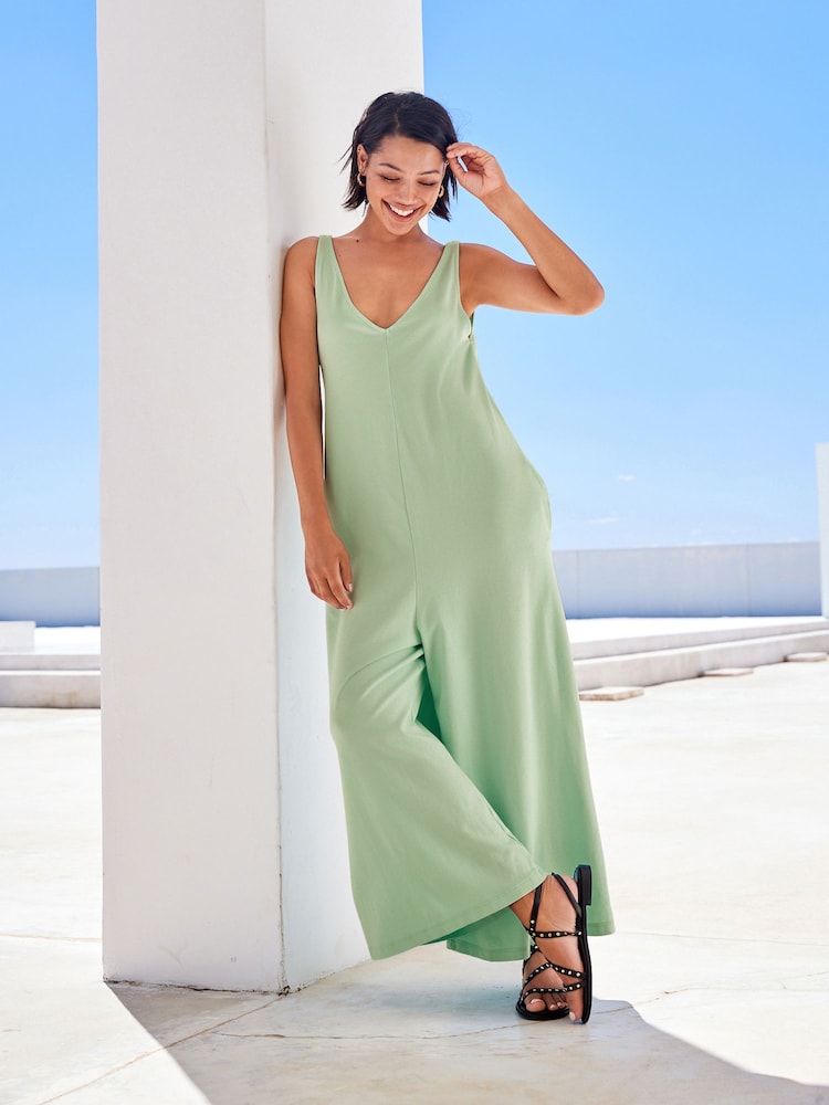 Green 100% Cotton V-Neck Jersey Wide Leg Jumpsuit - Image 3 of 5