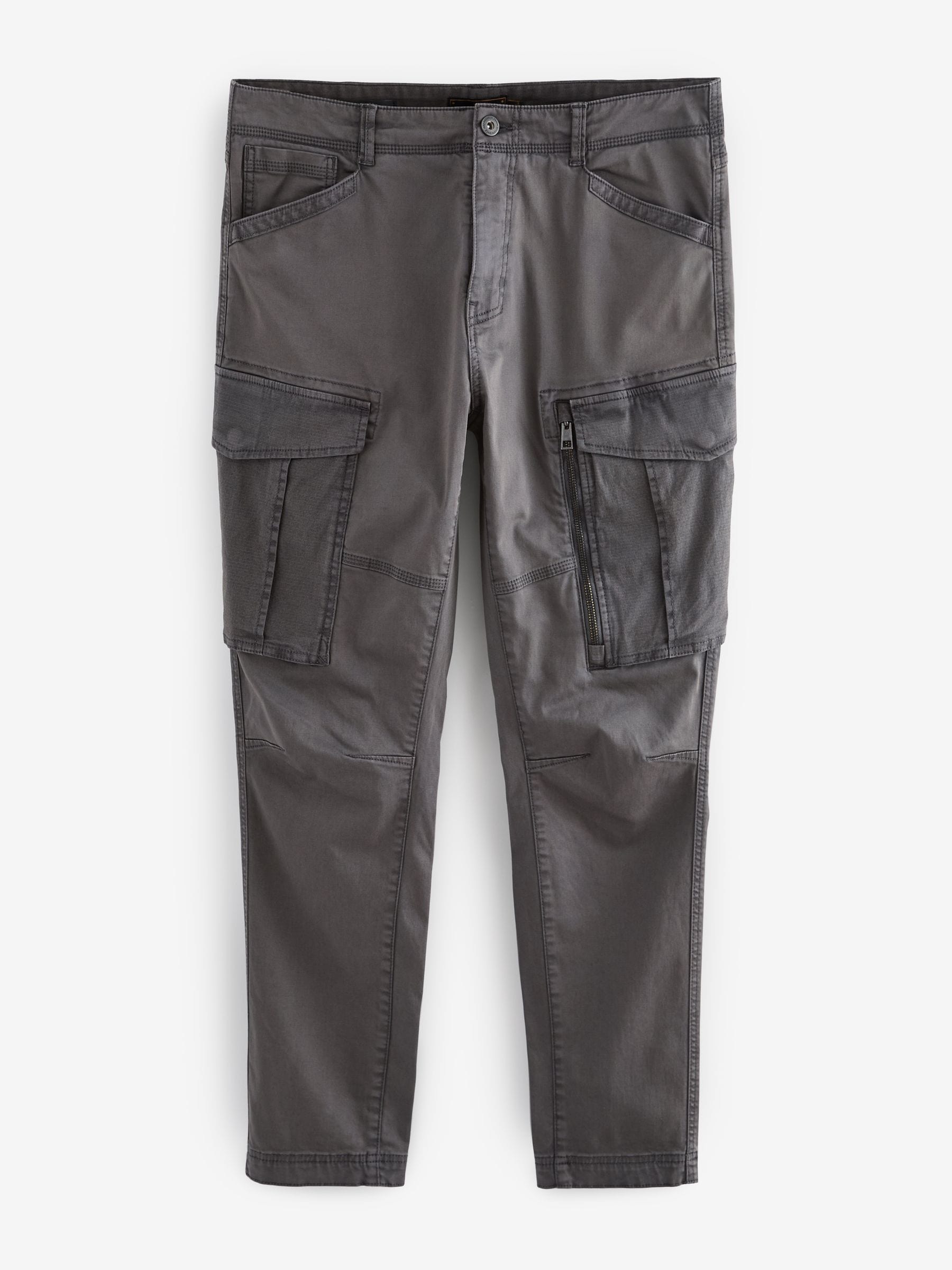 Buy Charcoal Grey Slim Fit Zip Detail Stretch Cargo Trousers