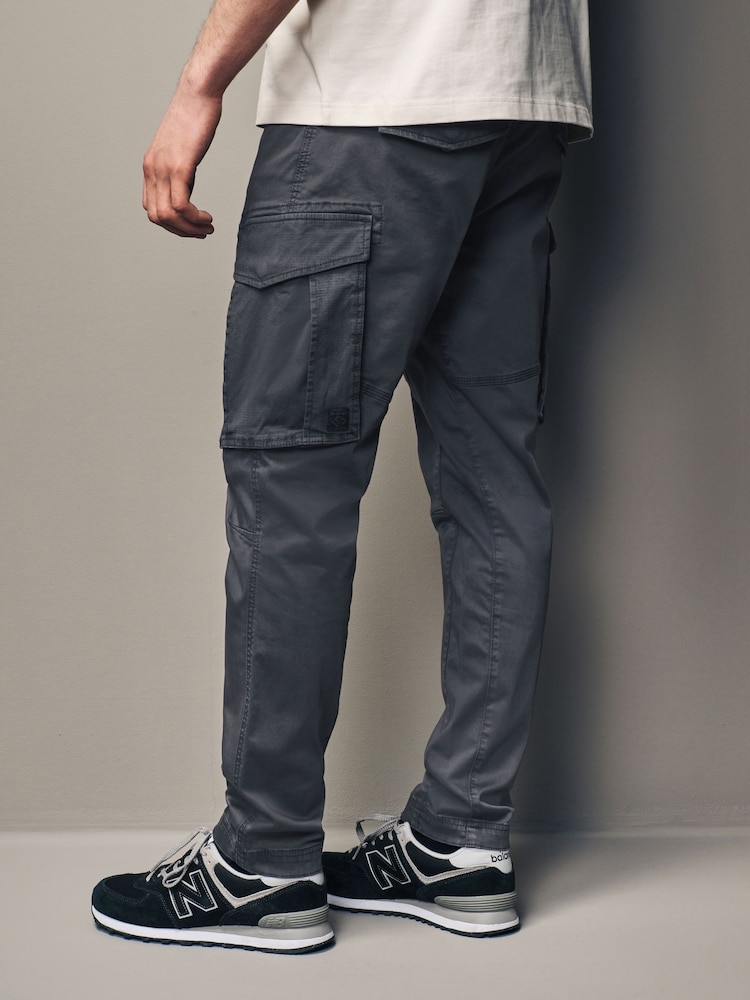 Buy Charcoal Grey Slim Fit Zip Detail Stretch Cargo Trousers from