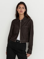 Reiss Dark Grape Lotta Cropped Zip-Through Denim Jacket - Image 1 of 6