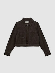Reiss Dark Grape Lotta Cropped Zip-Through Denim Jacket - Image 2 of 6