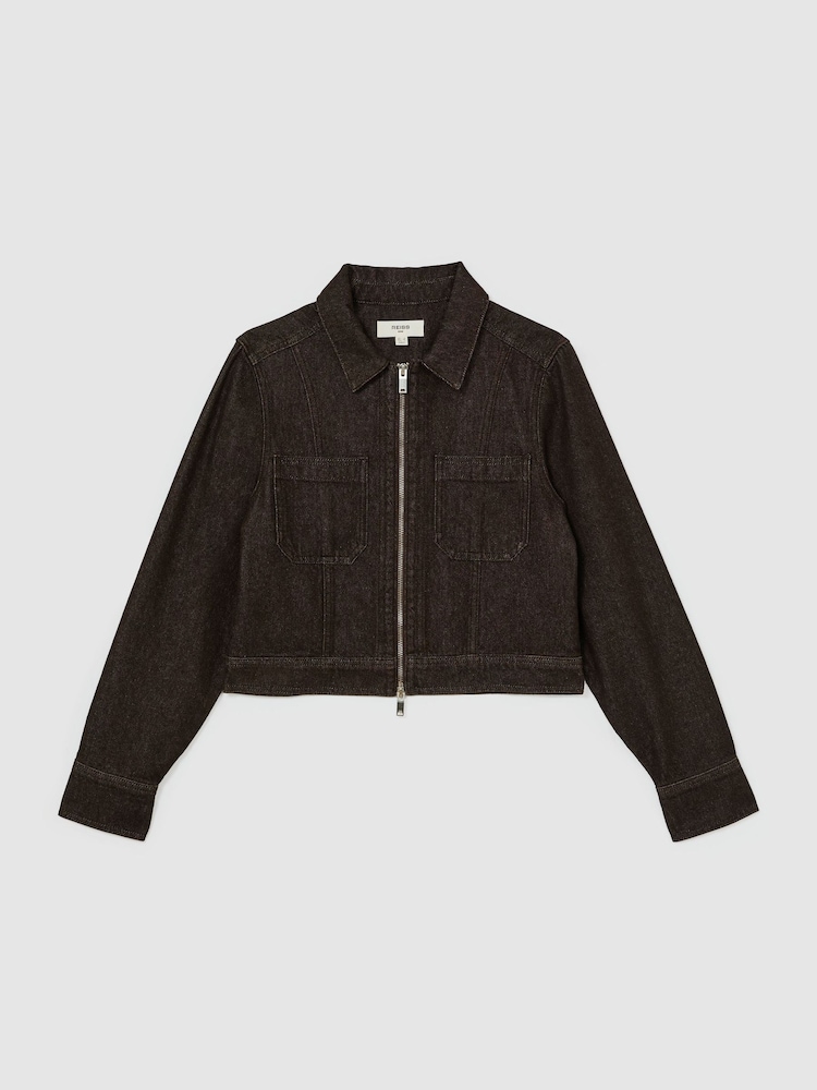 Reiss Dark Grape Lotta Cropped Zip-Through Denim Jacket - Image 2 of 6 Reiss Dark Grape Lotta Cropped Zip-Through Denim Jacket - Image 2 of 6
