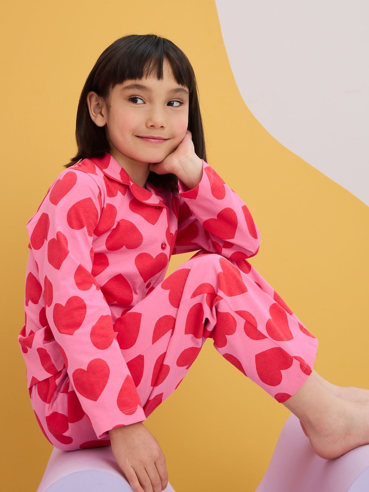 Red/Pink Heart Jersey Button Through 100% Cotton Pyjamas (3-16yrs) - Image 1 of 9