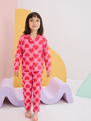 Red/Pink Heart Jersey Button Through 100% Cotton Pyjamas (3-16yrs) - Image 2 of 9