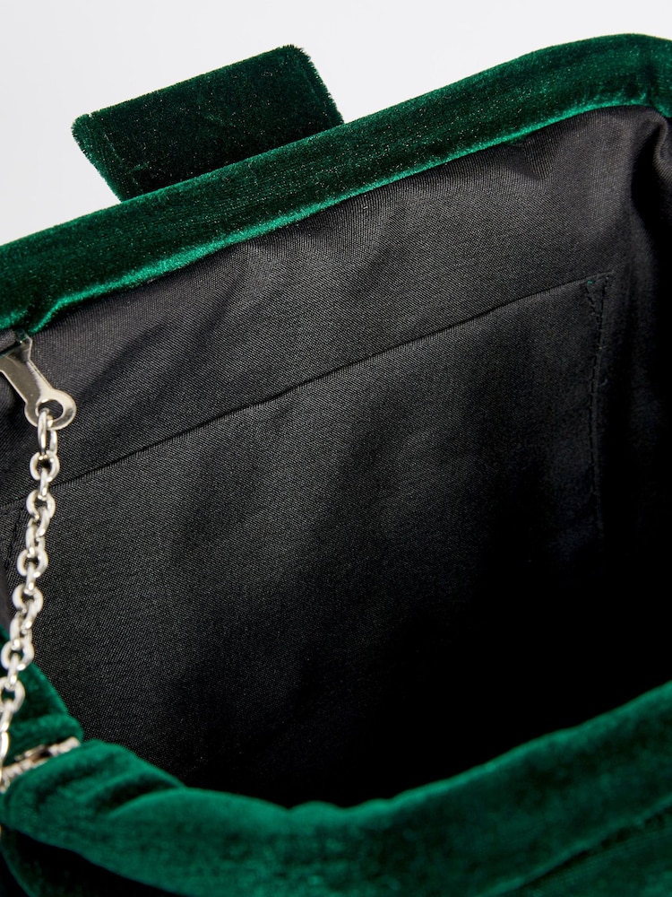 Green Velvet Clutch Bag with Cross-Body Chain - Image 6 of 7