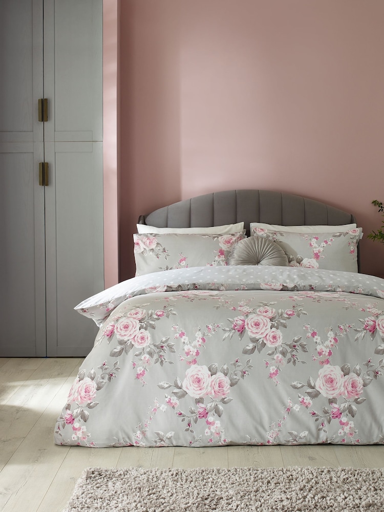 Catherine Lansfield Grey Canterbury Floral Duvet Cover and Pillowcase Set - Image 1 of 6