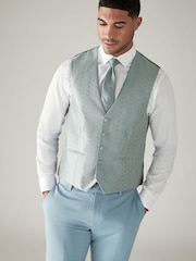 Sage Green Jacquard Leaf Regular Fit Waistcoat - Image 1 of 9