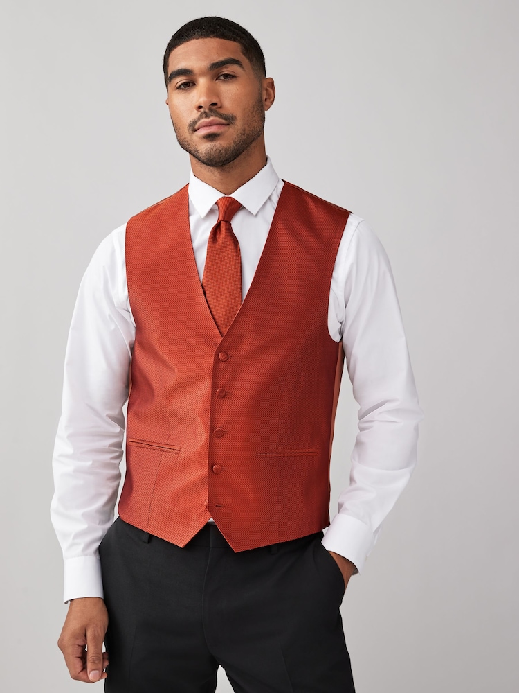 Rust Orange Regular Fit Textured Silk Waistcoat - Image 1 of 9