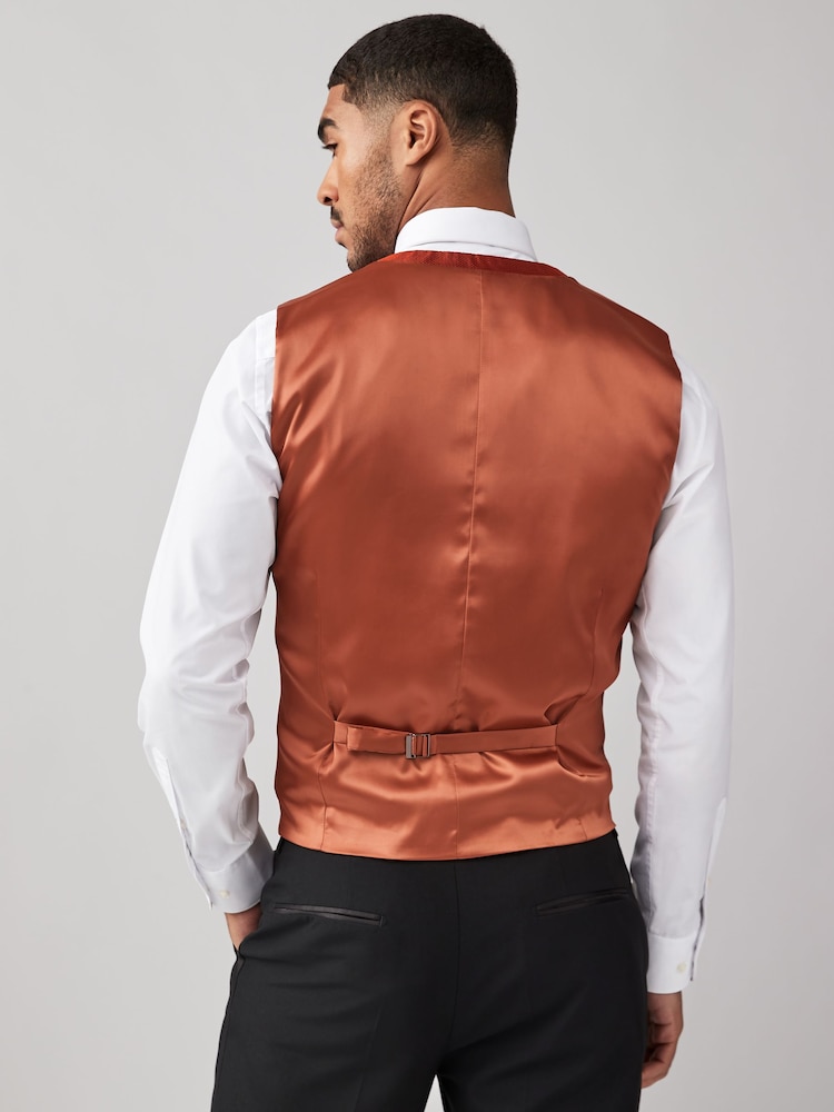 Rust Orange Regular Fit Textured Silk Waistcoat - Image 2 of 9