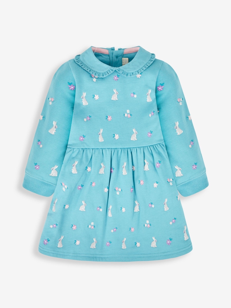 JoJo Maman Bébé Duck Egg Blue Bunny Embroidered Sweat Dress With Collar - Image 1 of 3