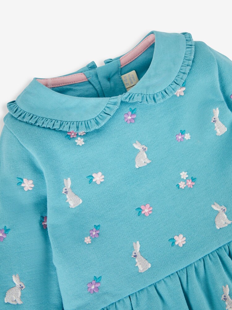 JoJo Maman Bébé Duck Egg Blue Bunny Embroidered Sweat Dress With Collar - Image 2 of 3