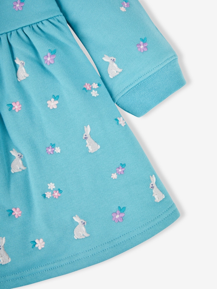 JoJo Maman Bébé Duck Egg Blue Bunny Embroidered Sweat Dress With Collar - Image 3 of 3