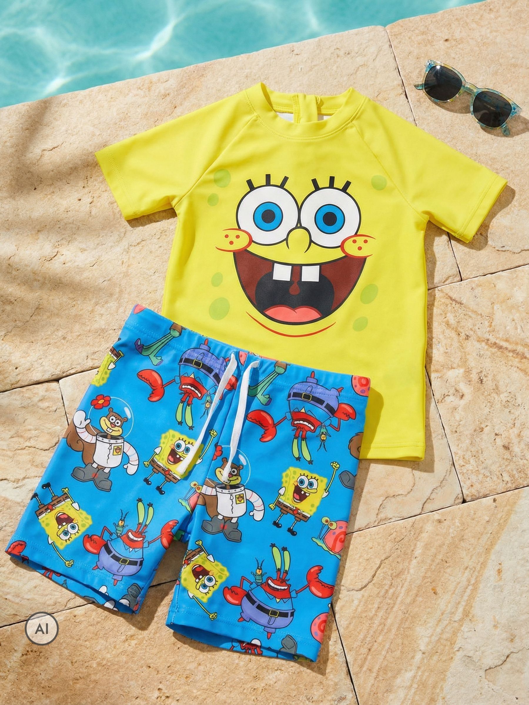 SPONGEBOB SQUAREPANTS Boys Yellow Blue 2 Piece Swim Set | Short Sleeve Crew Neck Top & Shorts with Drawstring Waist | All-Over Character Graphic Print | Spongebob Merch - Image 3