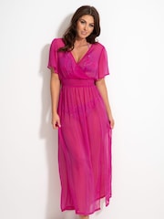 Pour Moi Pink Short Sleeve Chiffon Wrap Maxi Kaftan - Image 1 of 5