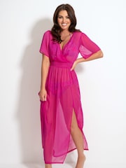 Pour Moi Pink Short Sleeve Chiffon Wrap Maxi Kaftan - Image 2 of 5