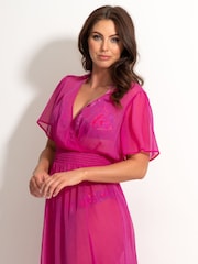 Pour Moi Pink Short Sleeve Chiffon Wrap Maxi Kaftan - Image 3 of 5