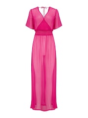 Pour Moi Pink Short Sleeve Chiffon Wrap Maxi Kaftan - Image 4 of 5