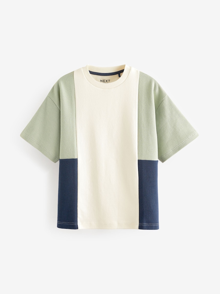 Green/ Ecru Oversized 100% Cotton Short Sleeve Colourblock T-Shirt (3-16yrs) - Image 1 of 3