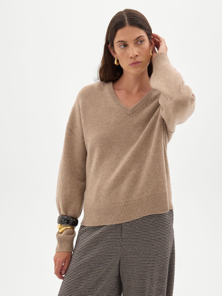 Hush Brown Millie Merino Wool V-Neck Jumper - Image 1 of 5
