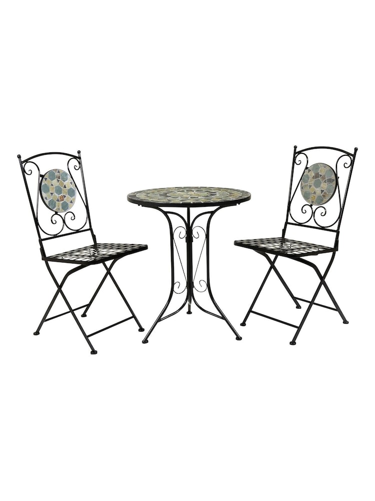 Charles Bentley Silver Bentley Garden 2 Seater Wrought Iron Bistro Set with Blue Mosaic - Image 1 of 2