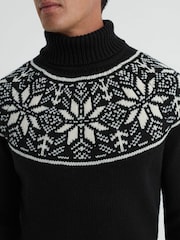 Reiss Black Abbotsford Knitted Fairisle Pattern Roll Neck Jumper - Image 1 of 4
