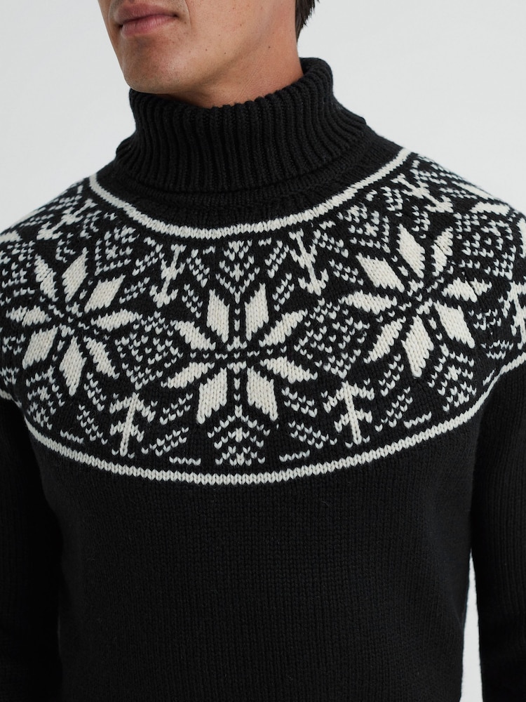 Reiss Black Abbotsford Knitted Fairisle Pattern Roll Neck Jumper - Image 1 of 4
