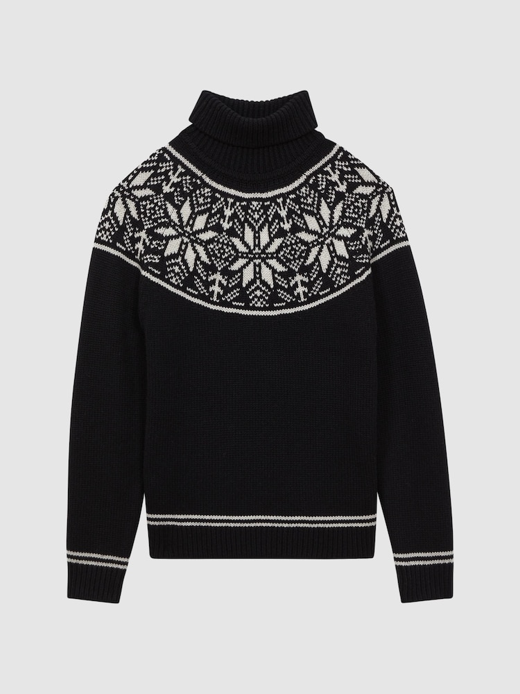 Reiss Black Abbotsford Knitted Fairisle Pattern Roll Neck Jumper - Image 2 of 4